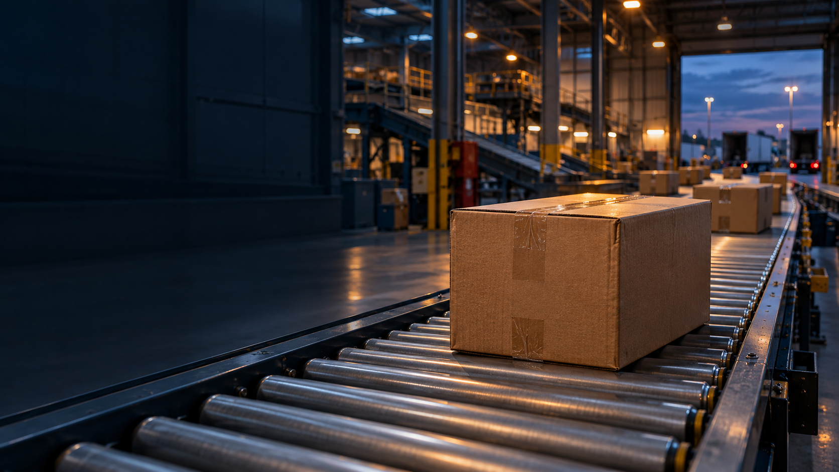 Conceptual parcel conveyor in a navy warehouse with amber lighting
