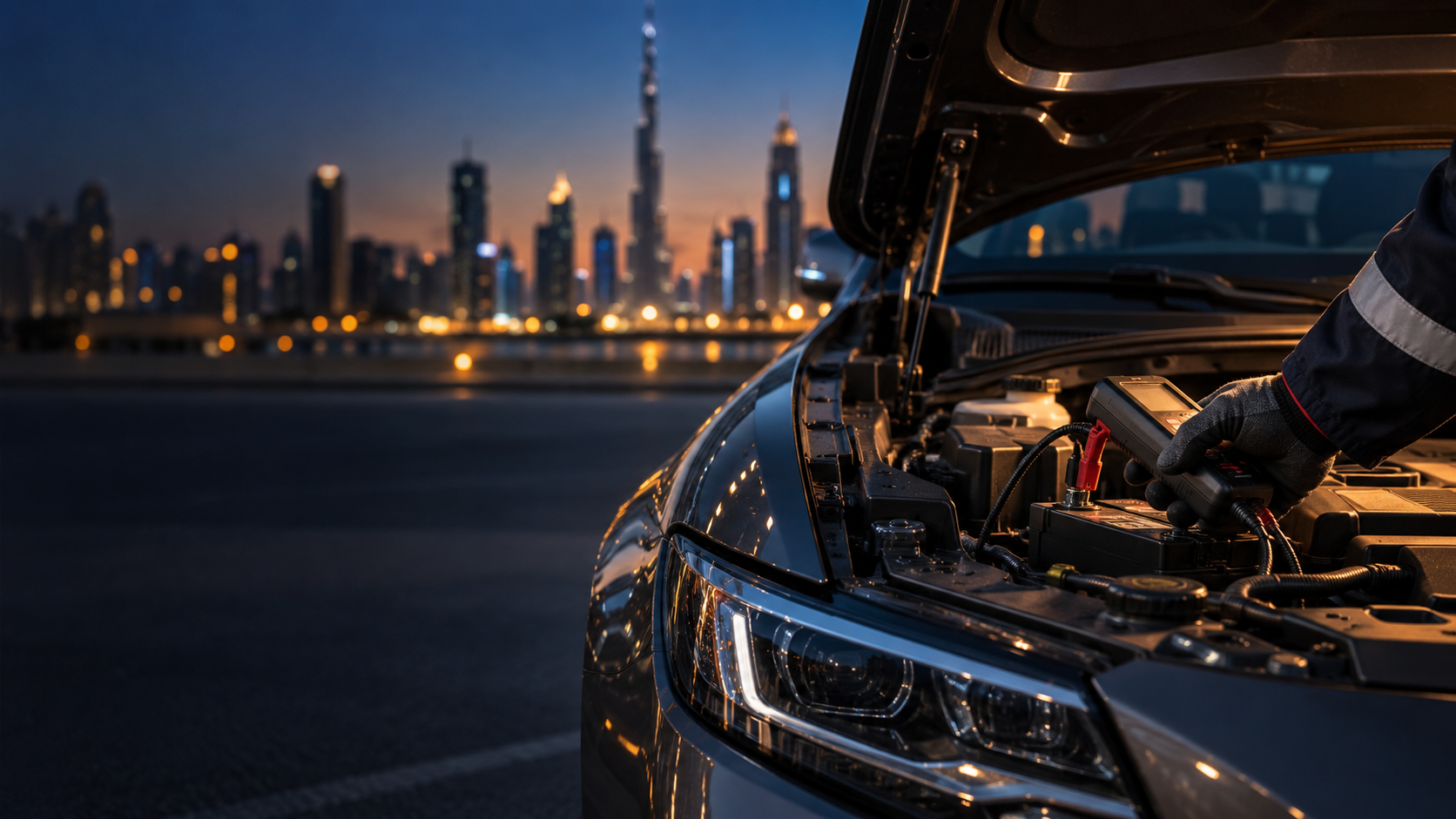 Conceptual vehicle battery-service scene with a graphite car and amber lighting