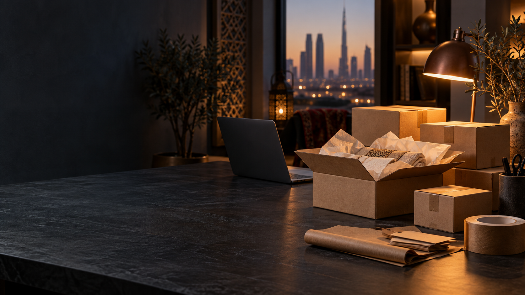 Conceptual merchant packing workspace with parcels and warm amber light