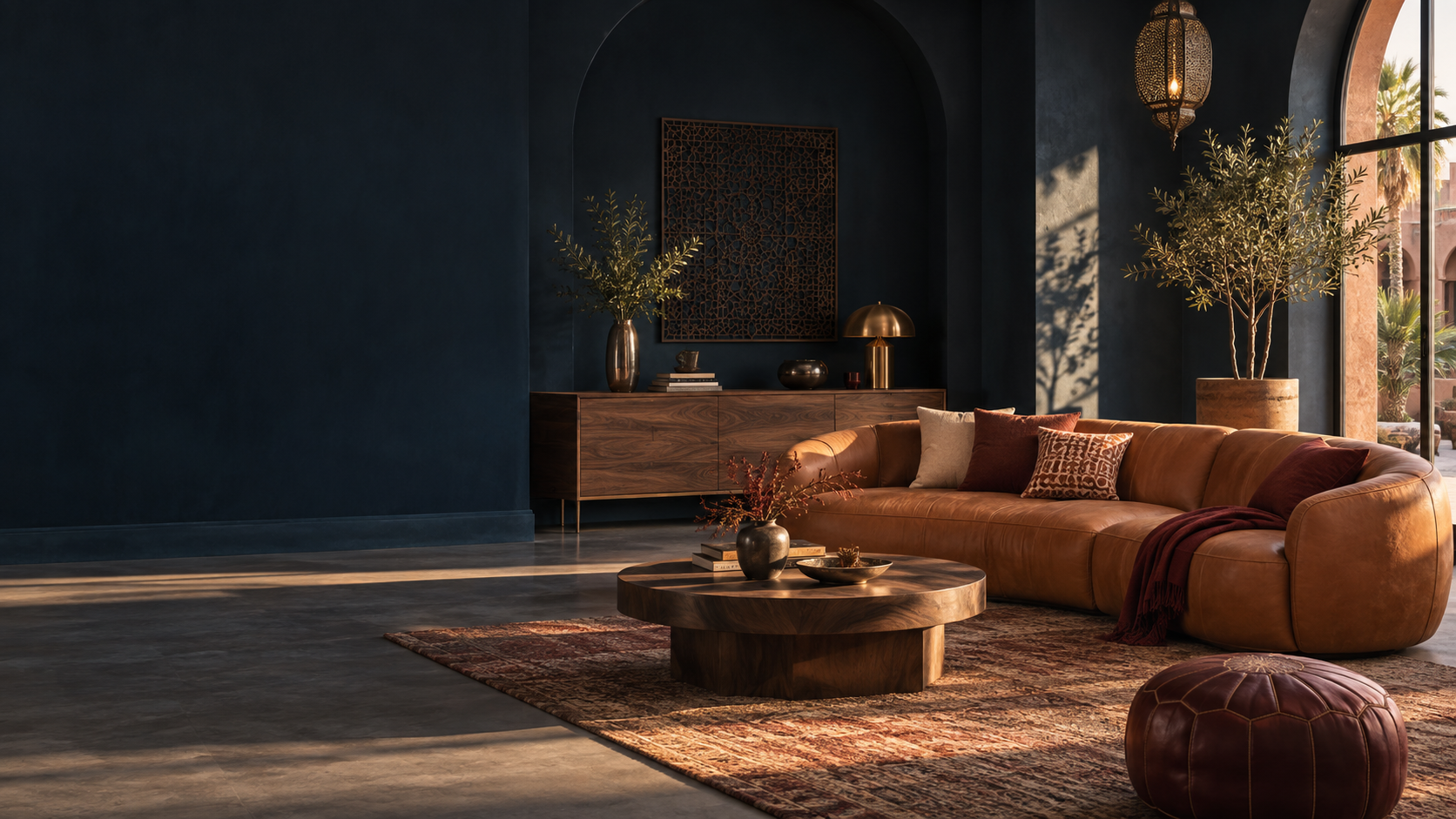 Conceptual warm furniture interior with a terracotta sofa and walnut furniture