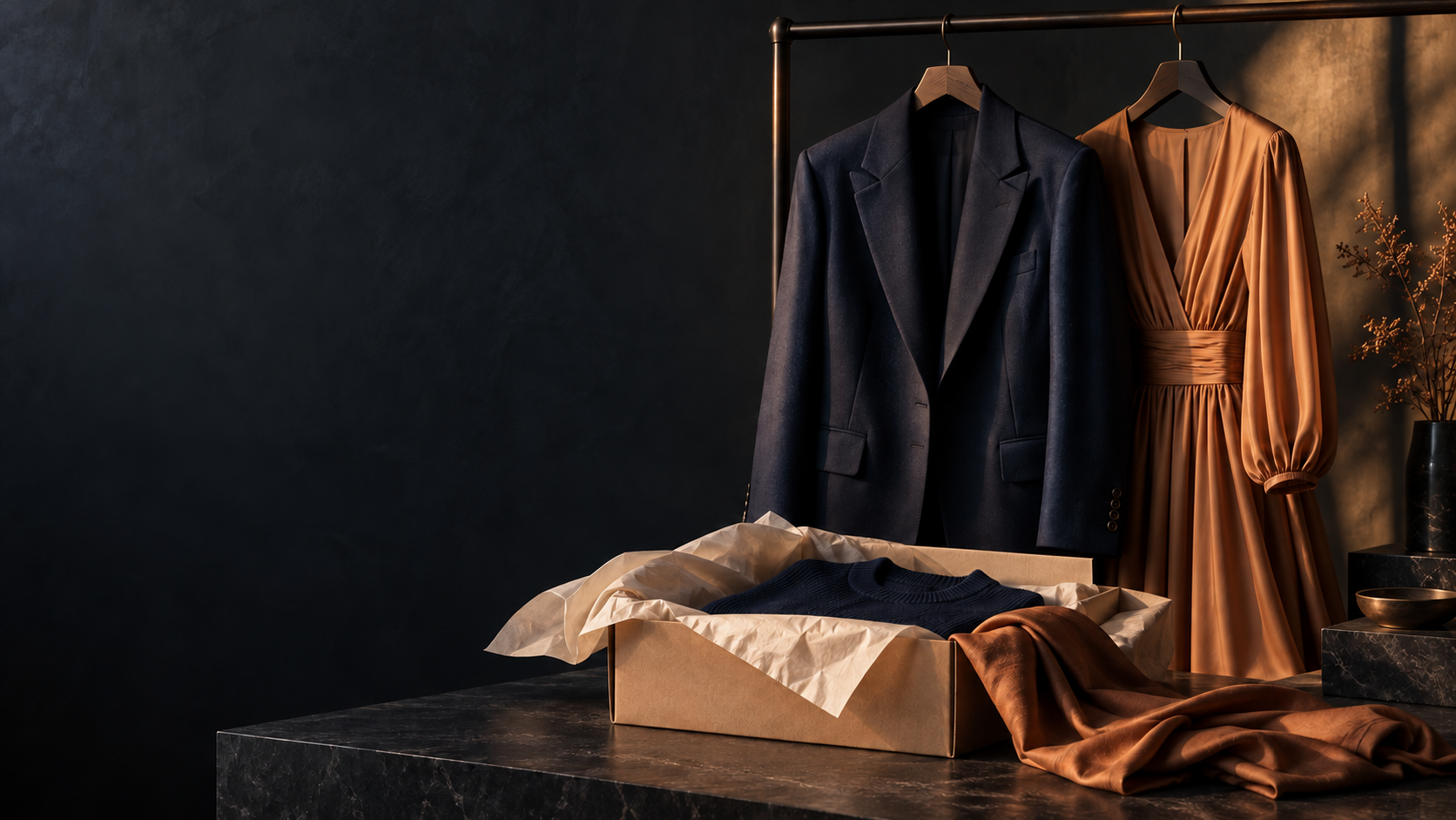 Conceptual fashion-service scene in deep navy and amber