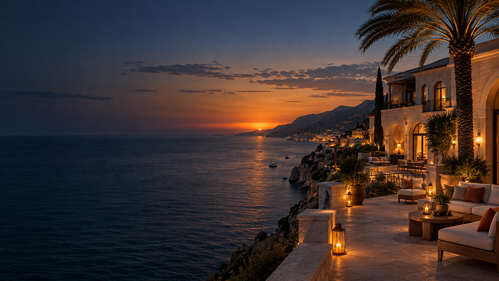 Conceptual coastal holiday scene with navy sea and amber sunset